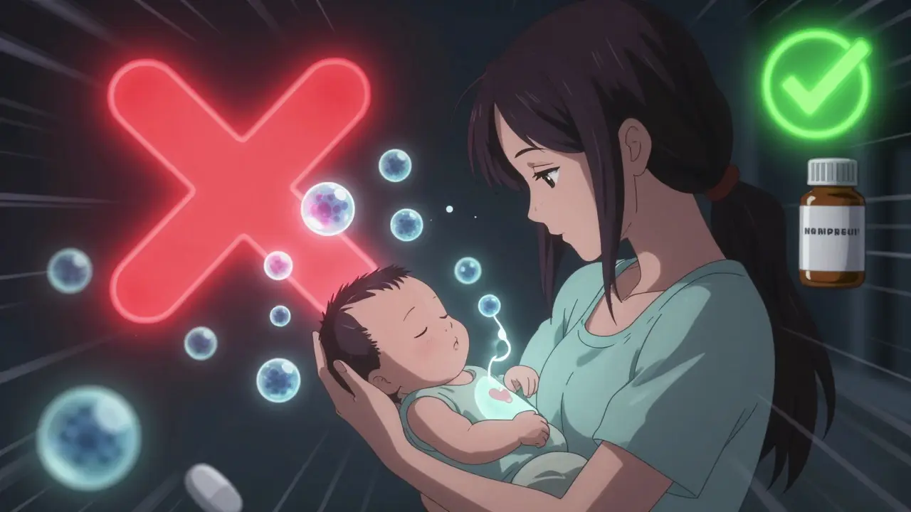 Une mère protège son bébé des médicaments dangereux, entourée de symboles de sécurité.