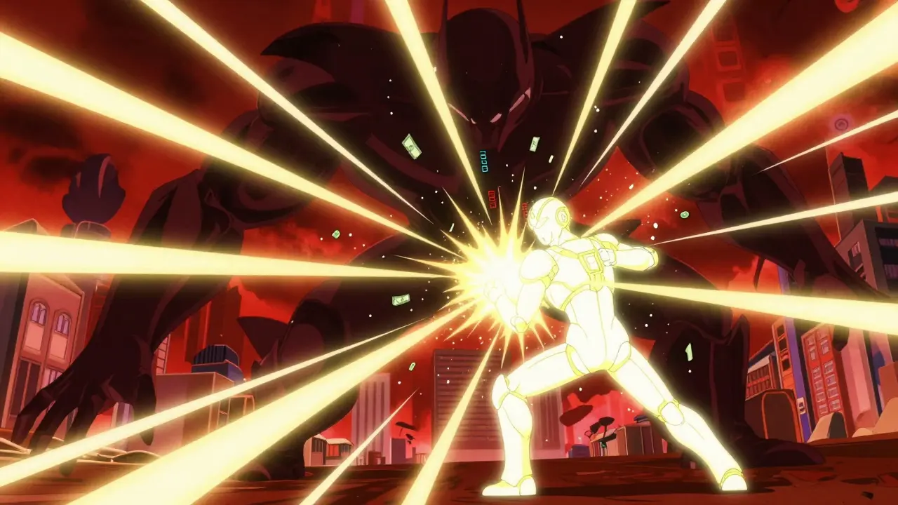 Une scène de combat abstraite représentant une concurrence économique violente.