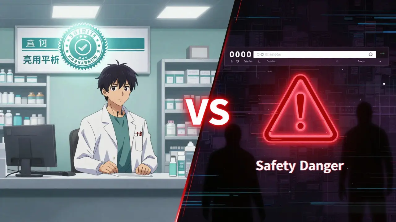 Comparaison visuelle entre une pharmacie certifiée et un site de vente frauduleux.