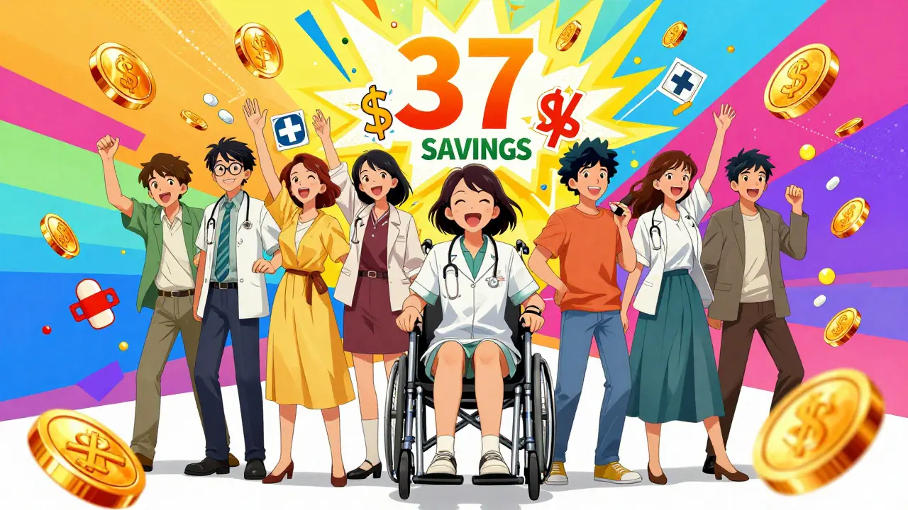 Composition anime colorée symbolisant les économies financières et l'accès aux médicaments génériques.