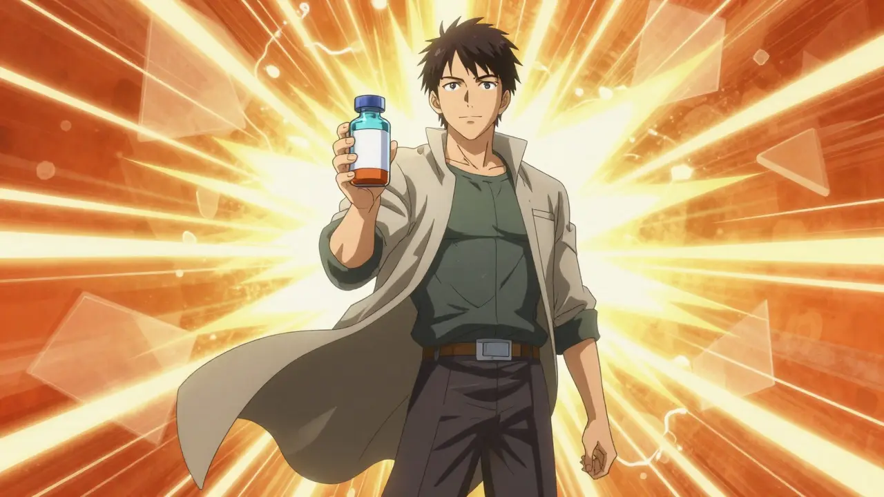 Homme soulagé et confiant avec son traitement médical style anime