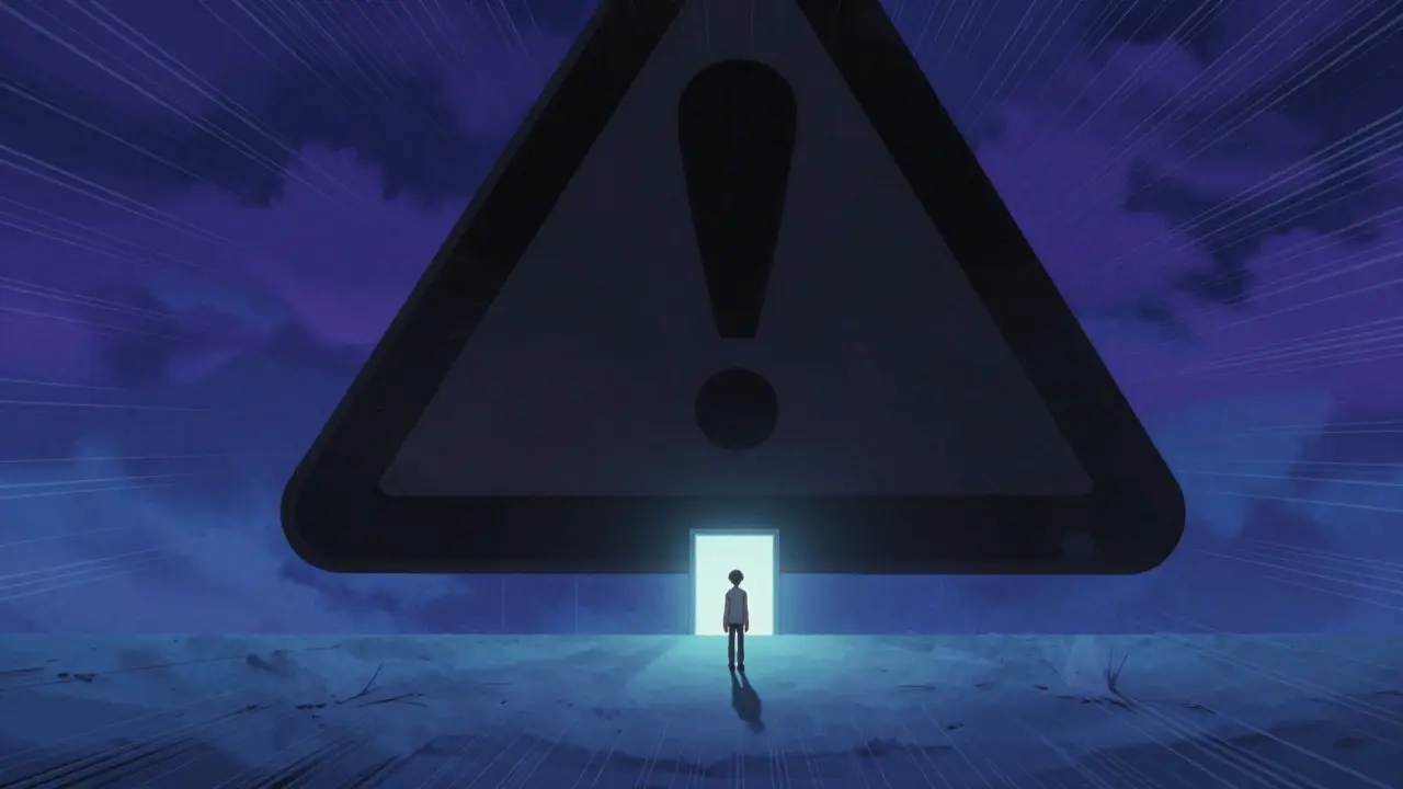 Jeune adolescent isolé face à un immense panneau d'avertissement noir dans un style anime dynamique.