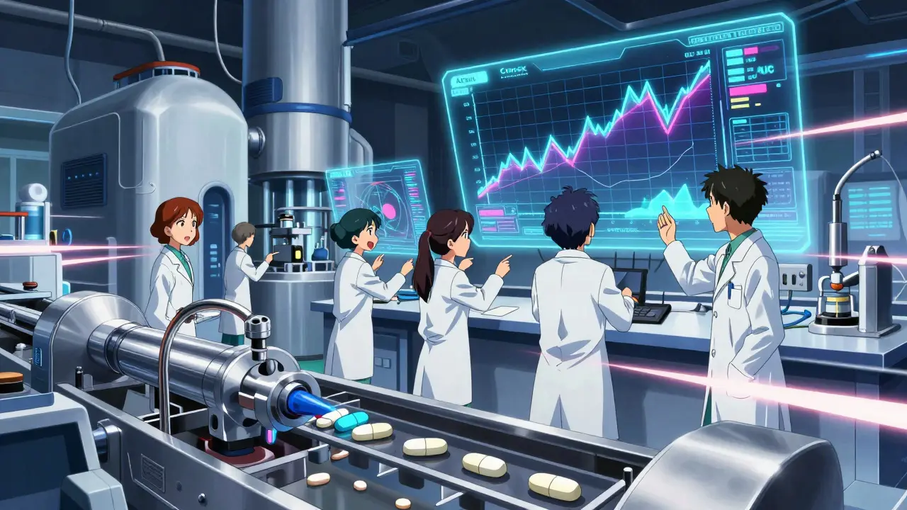 Laboratoire pharmaceutique futuriste analysant la bioéquivalence d'un médicament.