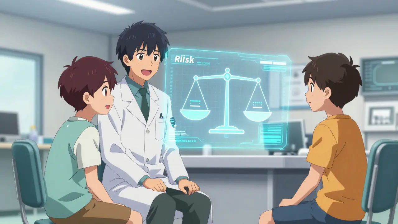 Médecin et adolescent discutant de l'équilibre bénéfice-risque via un hologramme style anime.