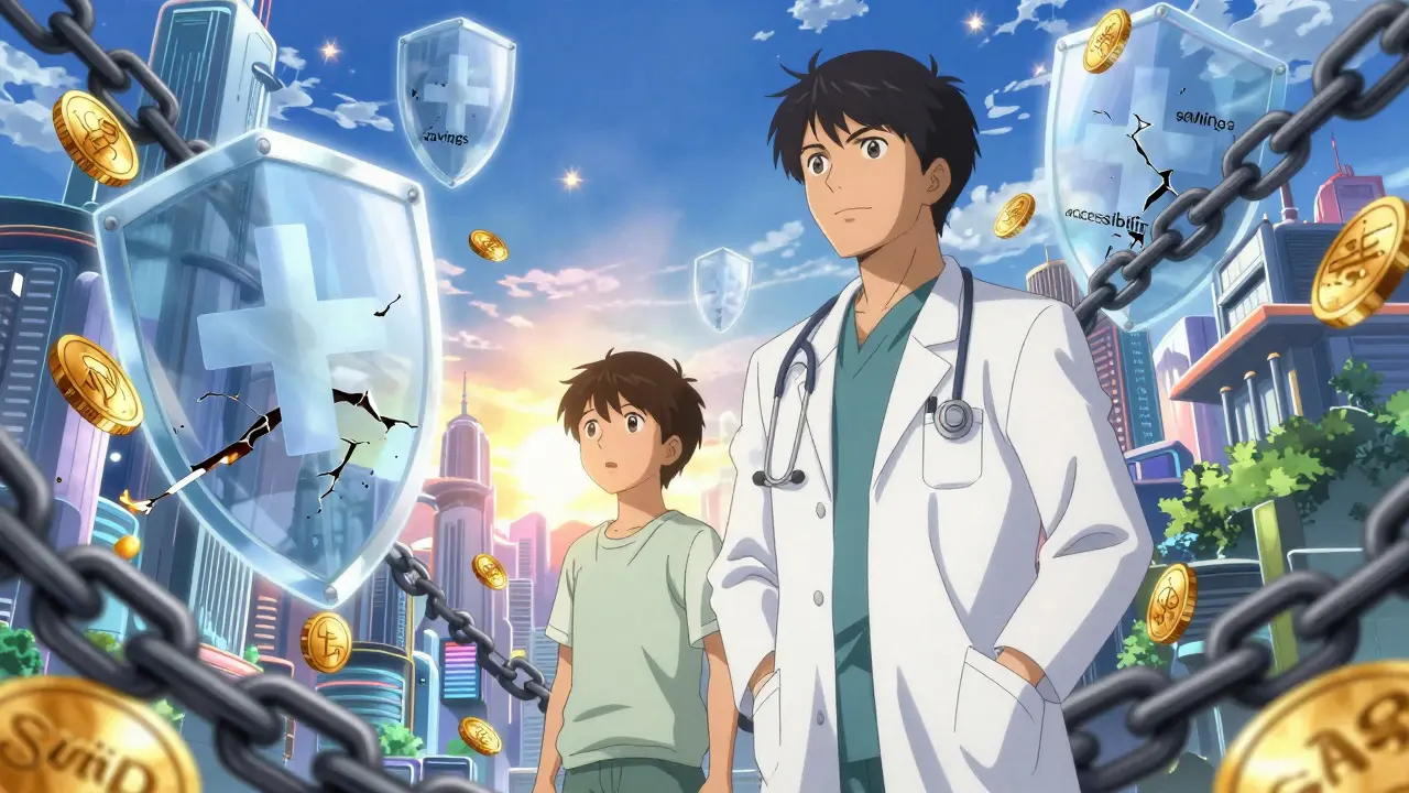 Médecin et patient face à un horizon lumineux symbolisant l'accessibilité des soins.