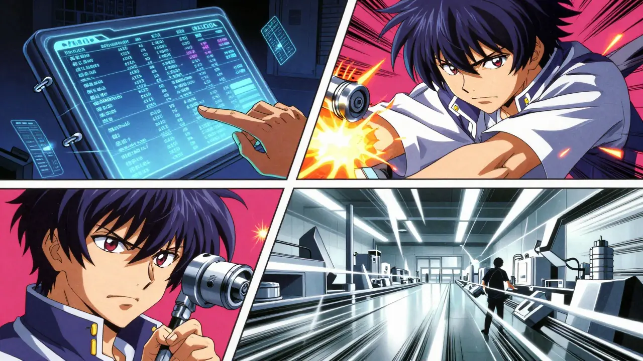 Montage dynamique style manga montrant les piliers du contrôle de production et les données ALCOA.