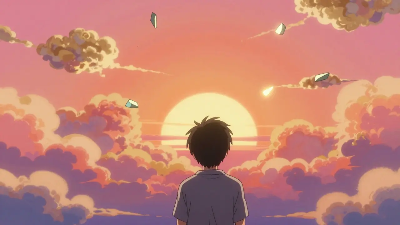 Personnage contemplant un lever de soleil stylisé, symbolisant le bien-être mental.