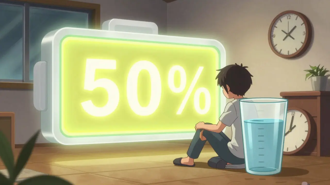 Personnage se reposant avec une icône de batterie à 50%, illustrant la récupération.