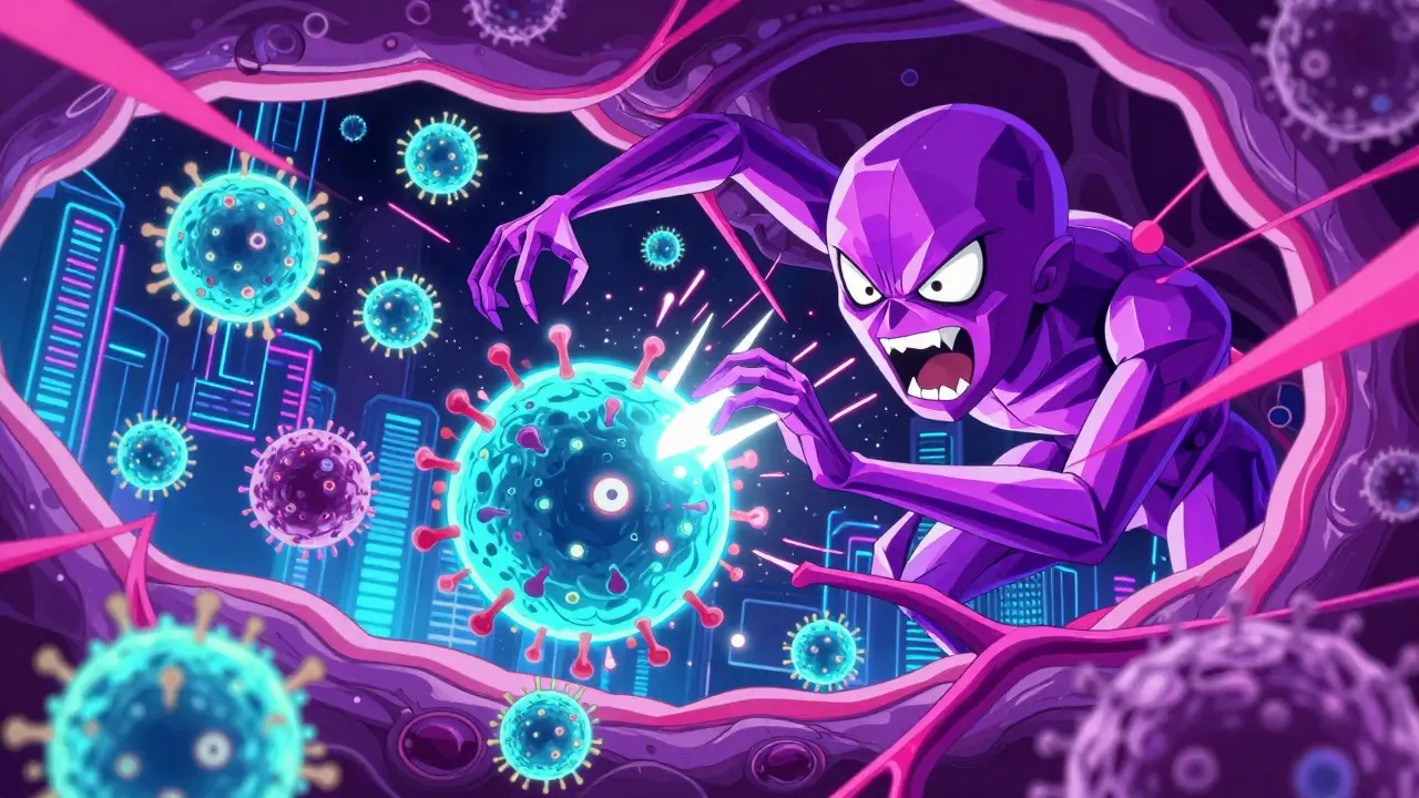 Représentation stylisée du virus EBV attaquant les globules blancs, style anime.