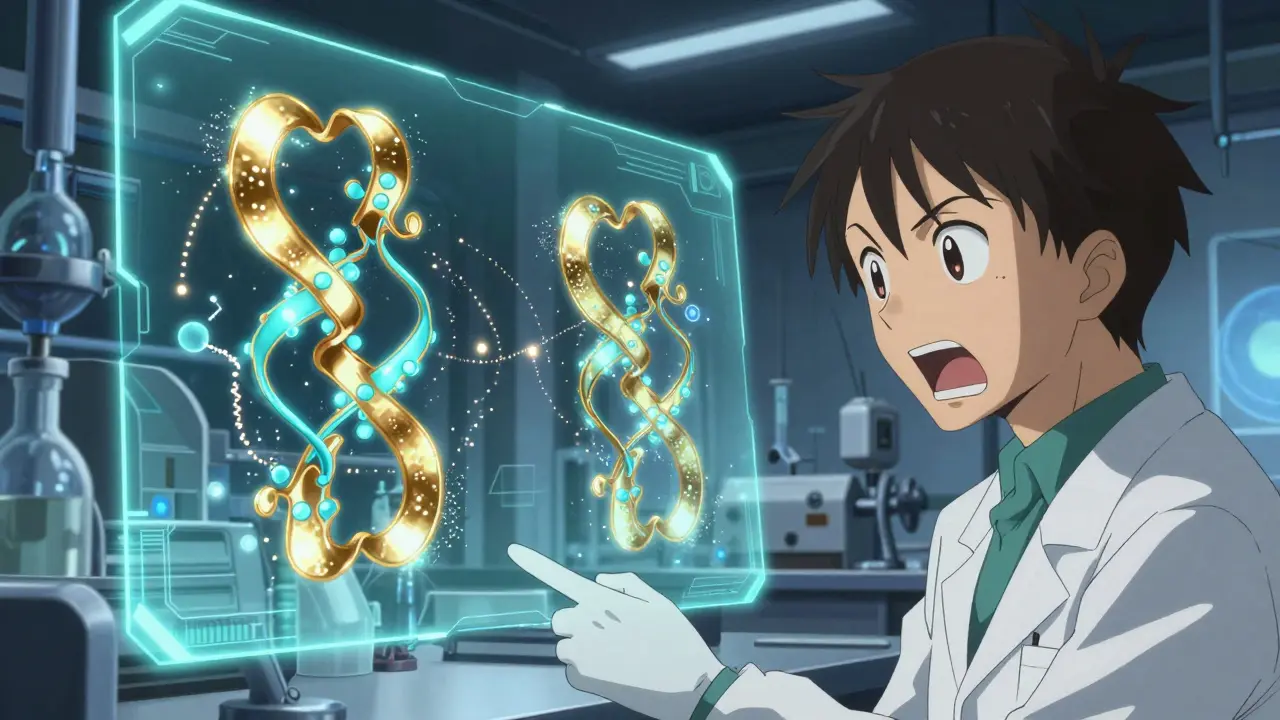 Scientifique analysant deux structures de protéines similaires sur un écran holographique.