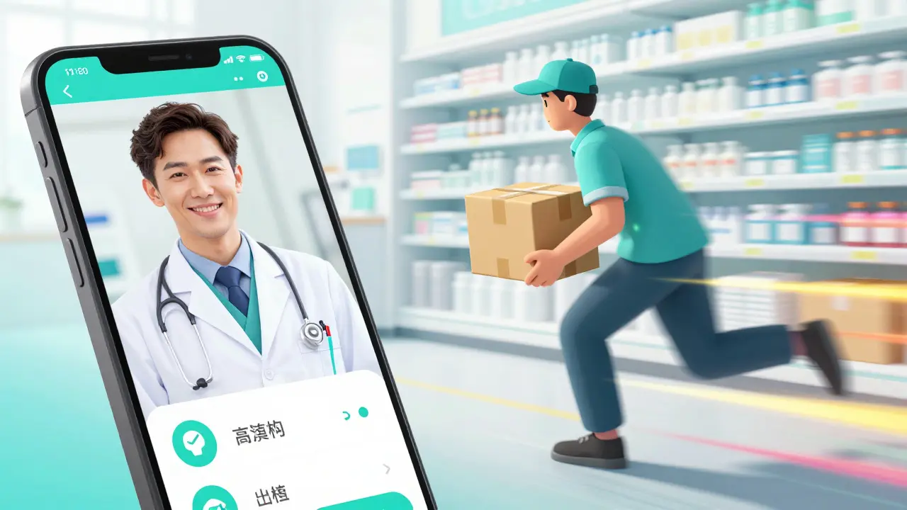 Téléconsultation médicale sur smartphone et livraison rapide de médicaments.