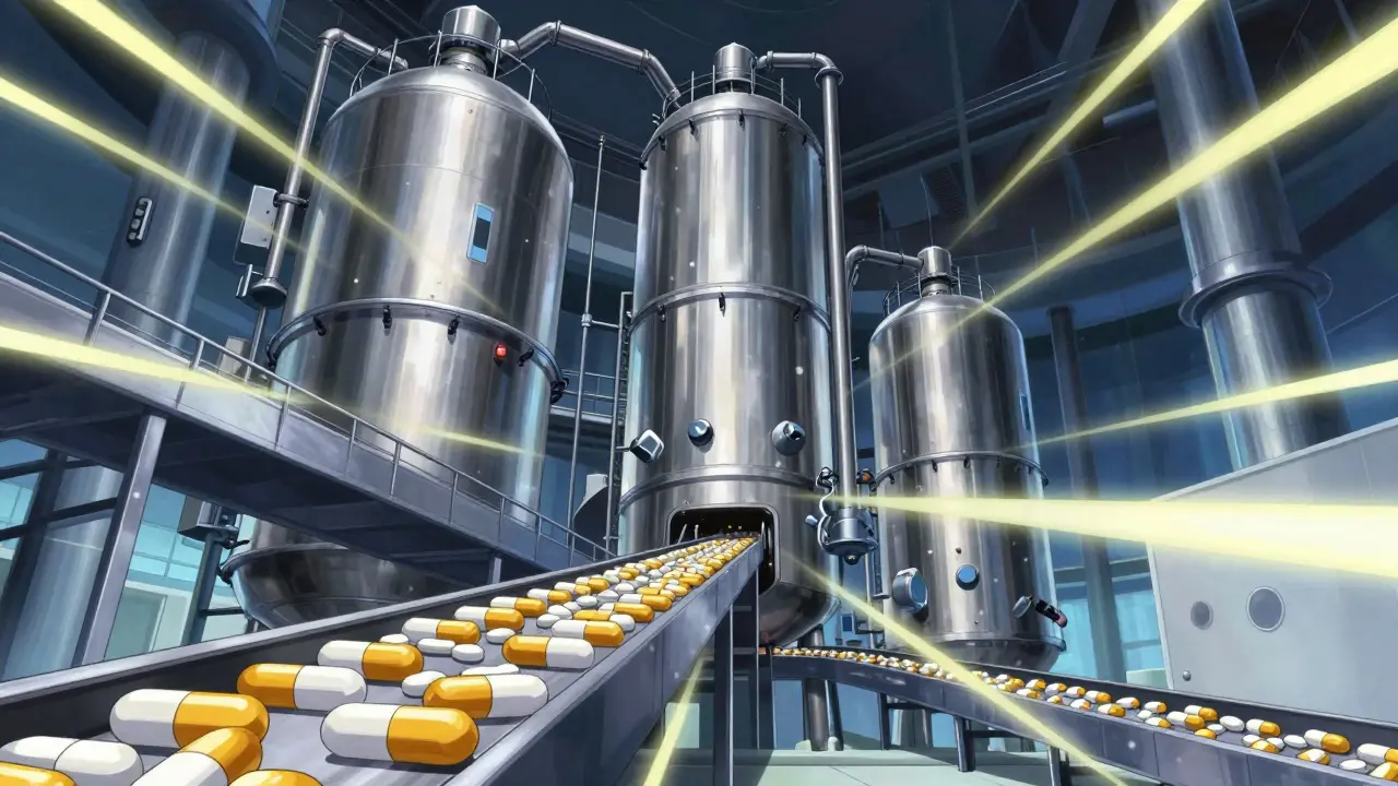 Usine pharmaceutique futuriste et dynamique suivant les normes de qualité strictes style anime.