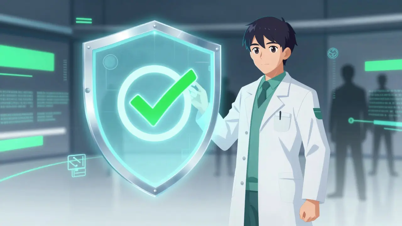 Avatar de pharmacien devant un bouclier de sécurité numérique en style manga