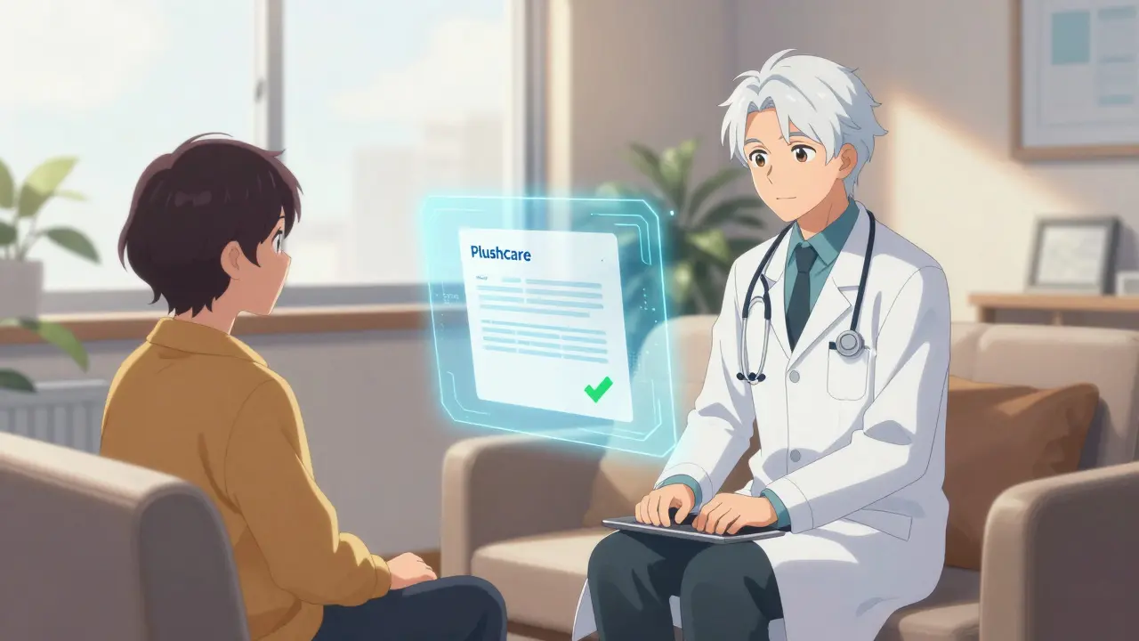 Consultation de télémédecine sereine et sécurisée avec un médecin et un patient via une interface holographique.
