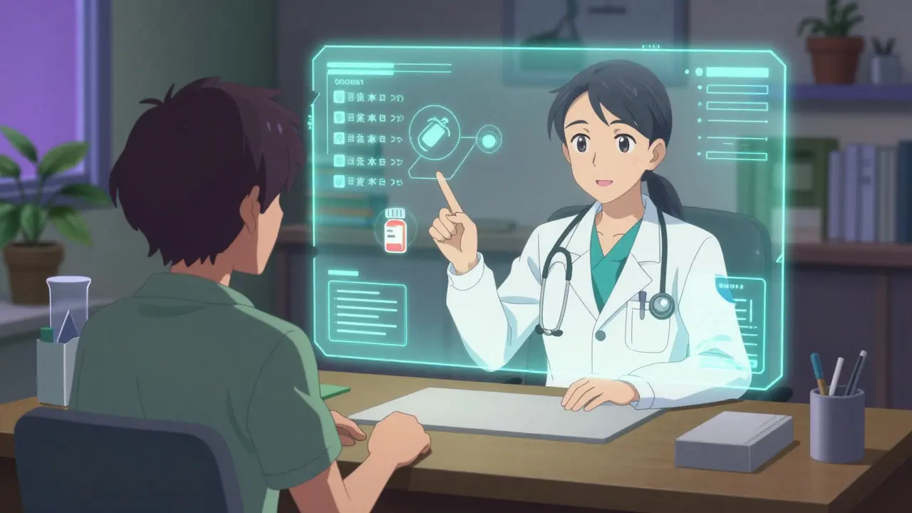 Consultation médicale en ligne sécurisée via une interface holographique futuriste