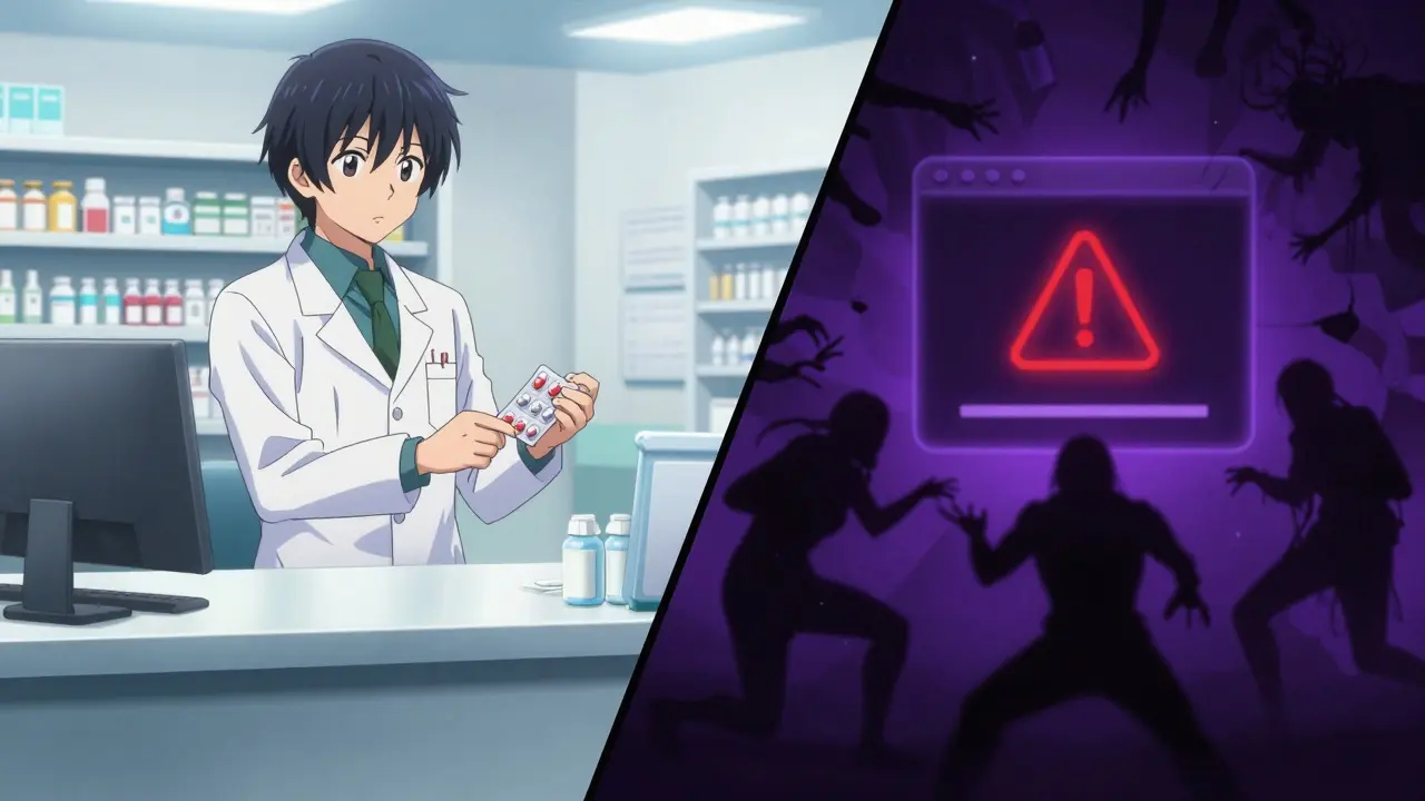 Contraste entre pharmacie sûre et dangers des faux médicaments en ligne