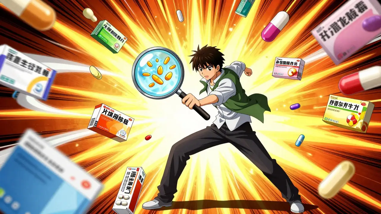 Personnage comparant les prix des médicaments avec une loupe en style anime