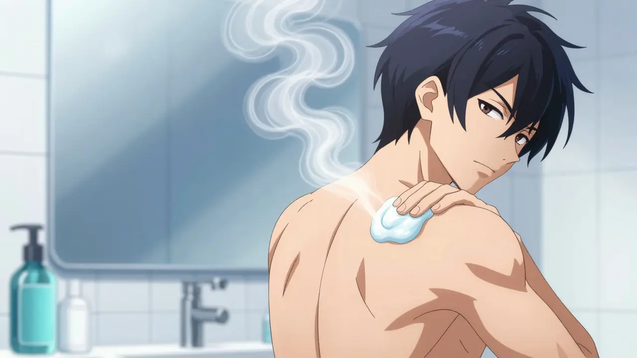 Personnage utilisant un shampooing antifongique dans une salle de bain moderne