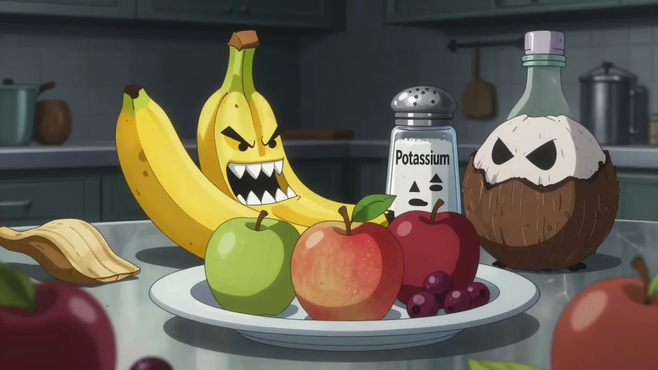 Aliments riches en potassium personnifiés comme des menaces sur une table