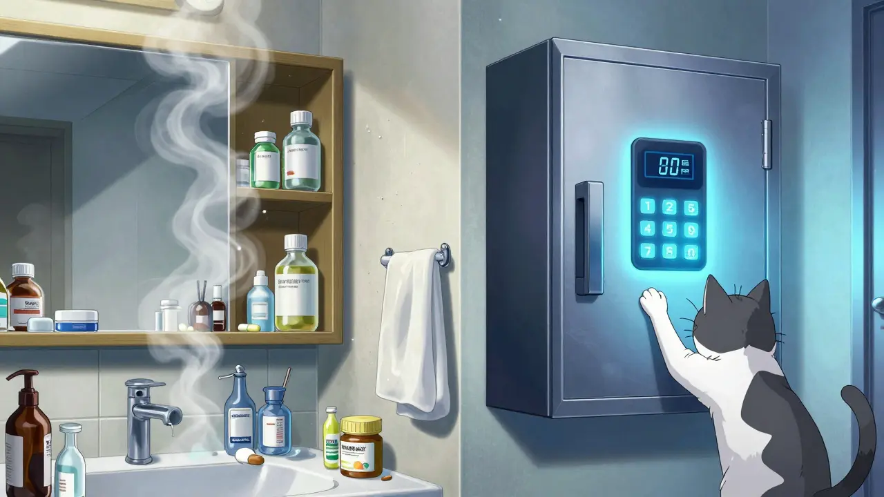 Comparaison entre rangement dangereux et coffre sécurisé pour médicaments
