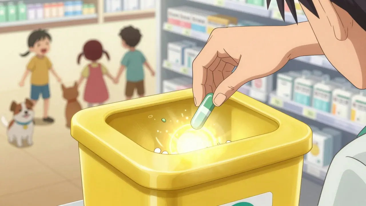 Dépôt de médicaments périmés dans une benne de recyclage jaune