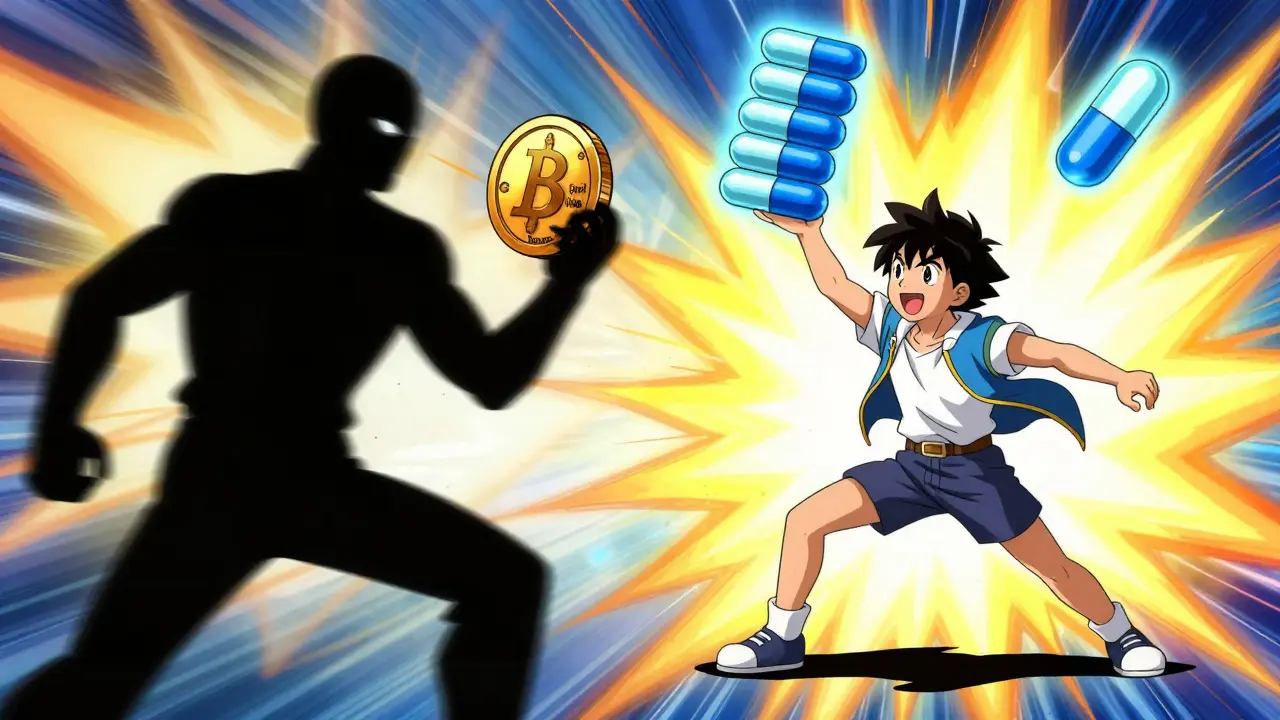 Héros animé levant des génériques légers contre l'ombre lourde du prix de marque