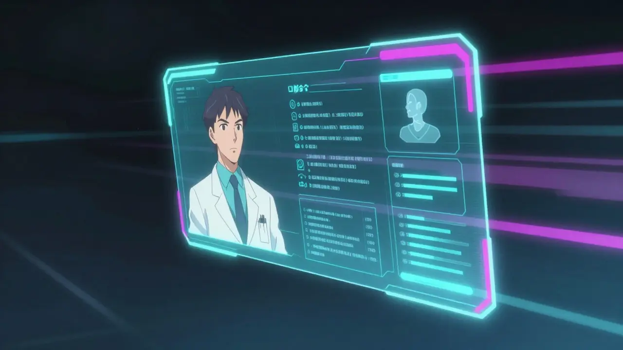 Interface de télémédecine futuriste avec médecin virtuel en style anime