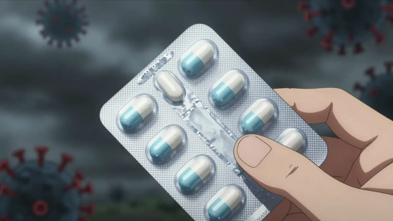 Mains tenant des capsules antivirales brillantes contre un fond abstrait