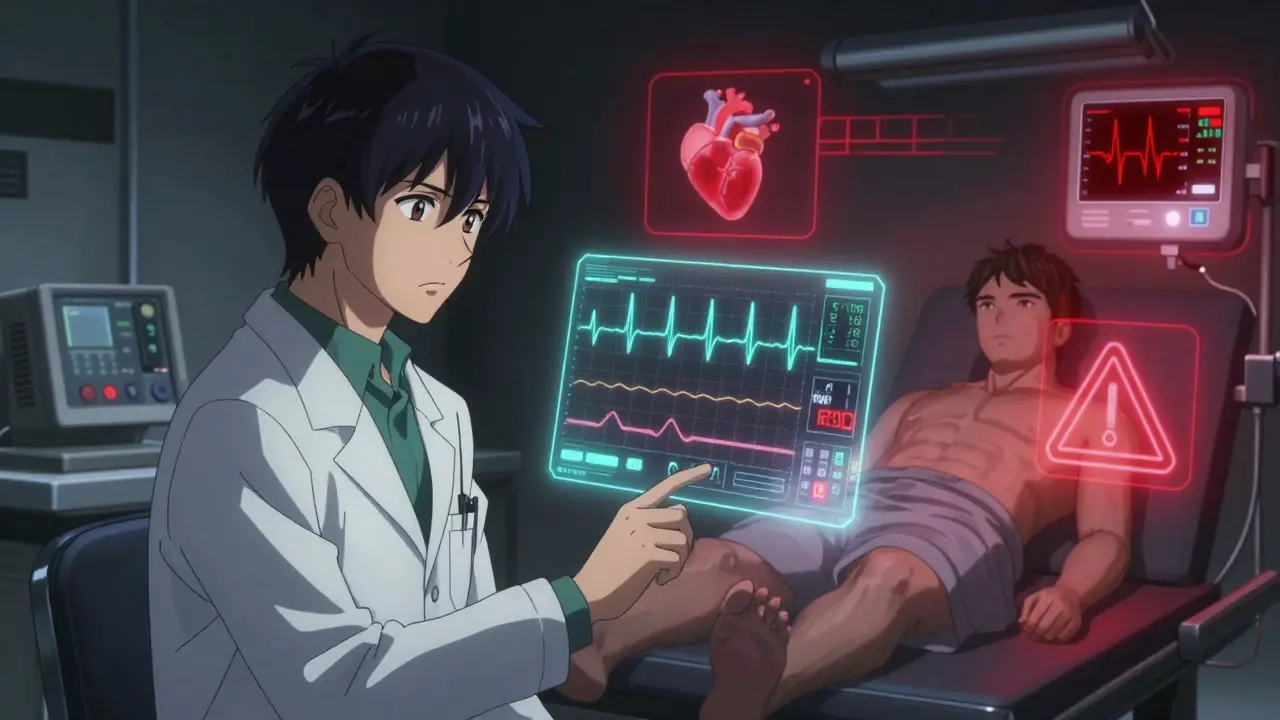 Médecin analysant un ECG critique et les risques cardiaques en mode futuriste