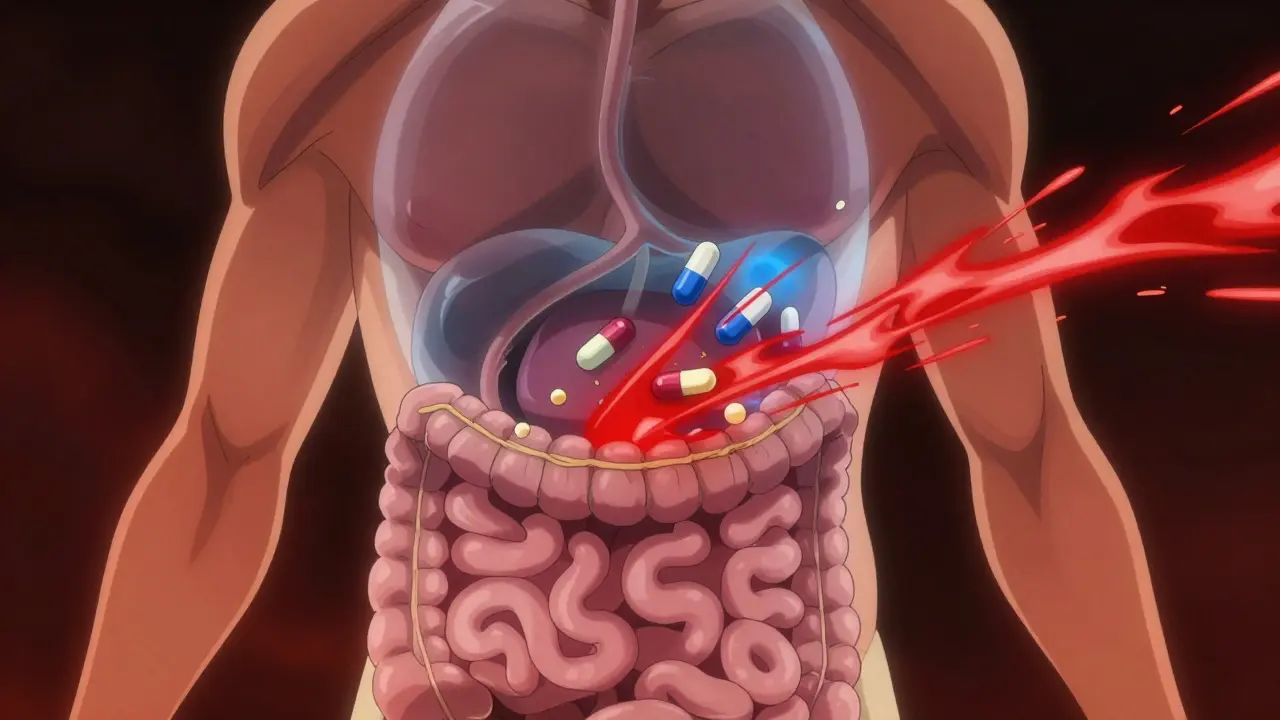 Visualisation stylisée de l'absorption irrégulière des médicaments génériques dans le corps