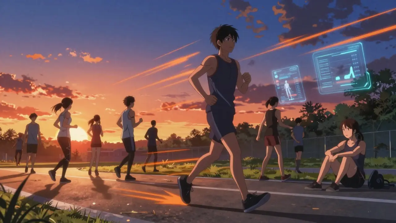 Groupe faisant un entraînement fractionné adapté au coucher du soleil