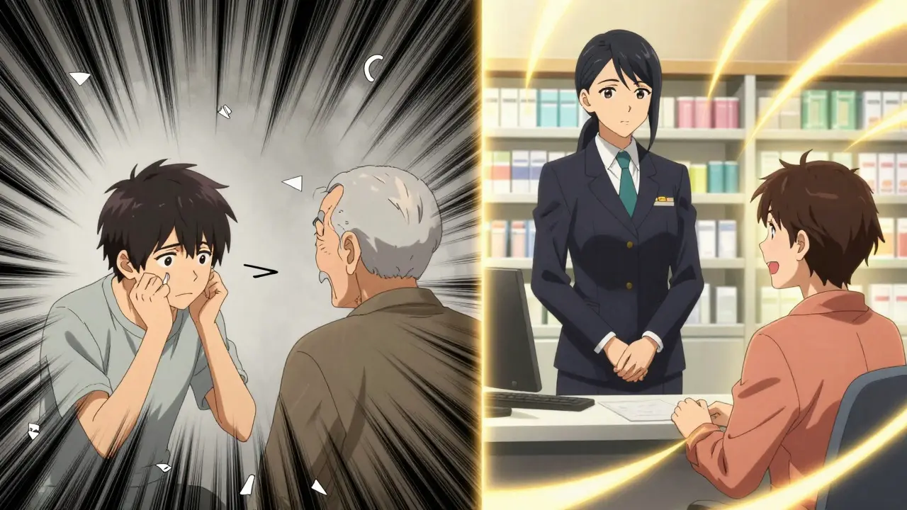 Interprète professionnel aidant un patient en pharmacie, style anime