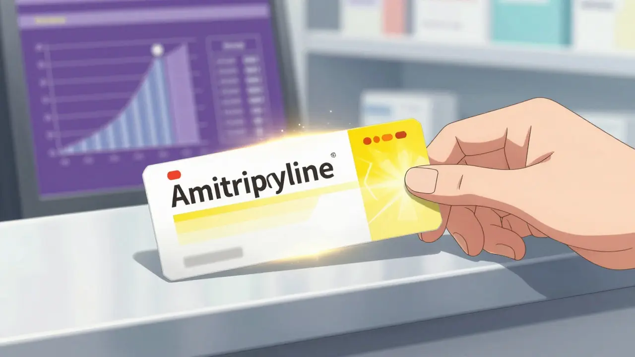 Main tenant un coupon de réduction près d'un boîtier de médicaments