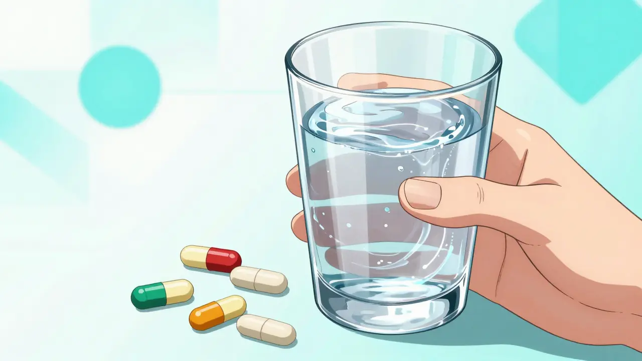 Main tenant un verre d'eau et des pilules pour une prise sûre