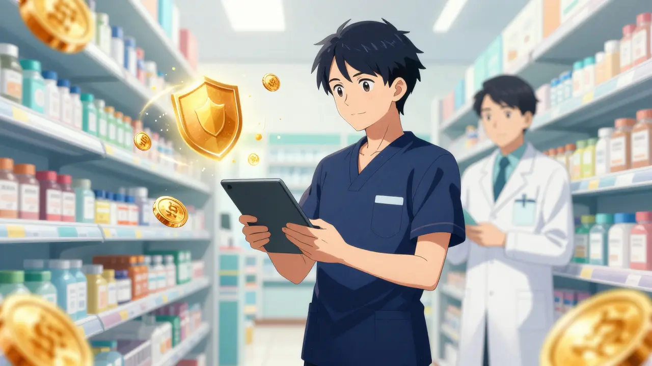 Patient et pharmacien discutant avec des symboles d'économies et de sécurité