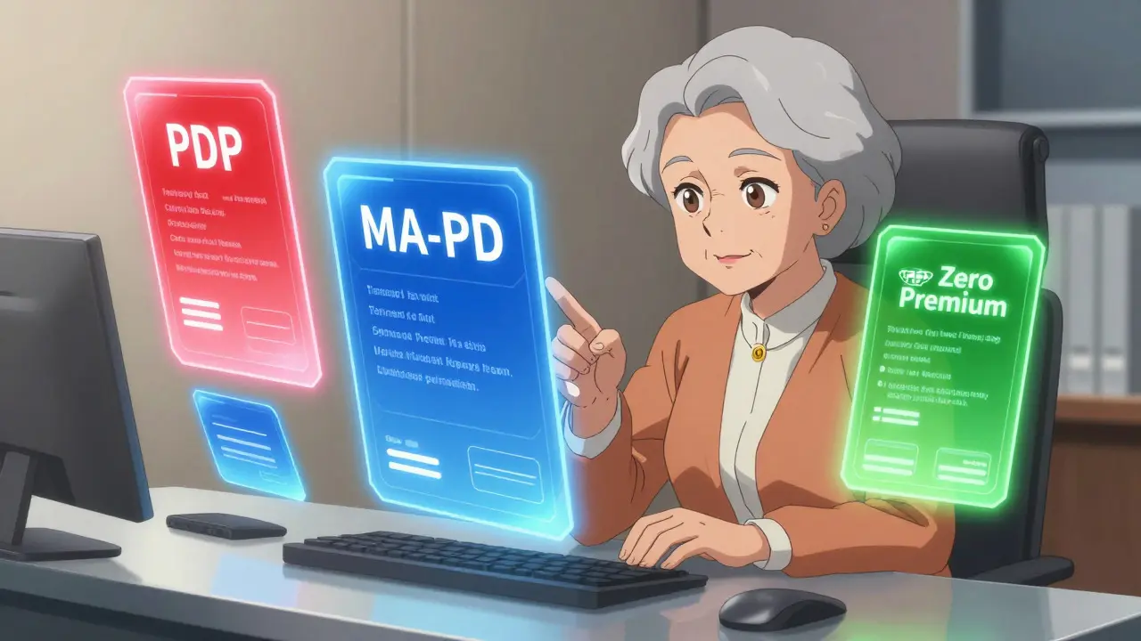 Personnage choisissant entre des plans d'assurance flottants colorés, style manga
