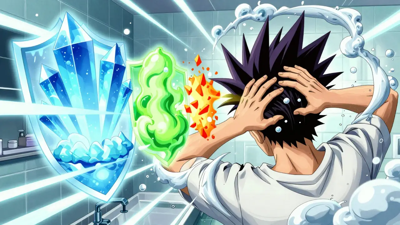 Personnage lavant ses cheveux avec des ingrédients actifs magiques