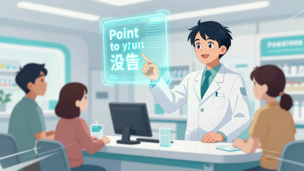 Pharmacien montrant un panneau multilingue lumineux, style anime