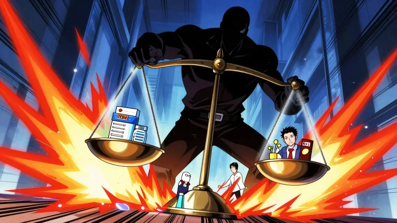 Entité corporative géante écrasant les pharmacies indépendantes dans un style manga dramatique
