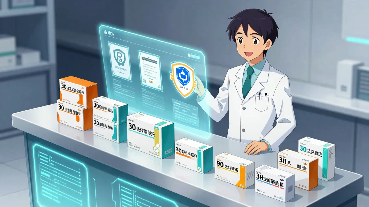 Pharmacien en ligne avec des boîtes de médicaments génériques certifiées