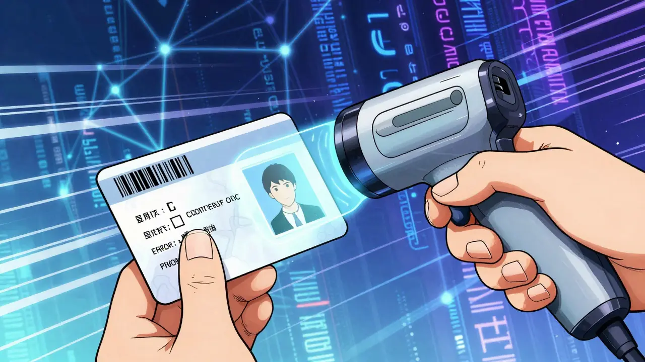 Scan d'un code-barres de carte patient avec des effets numériques futuristes