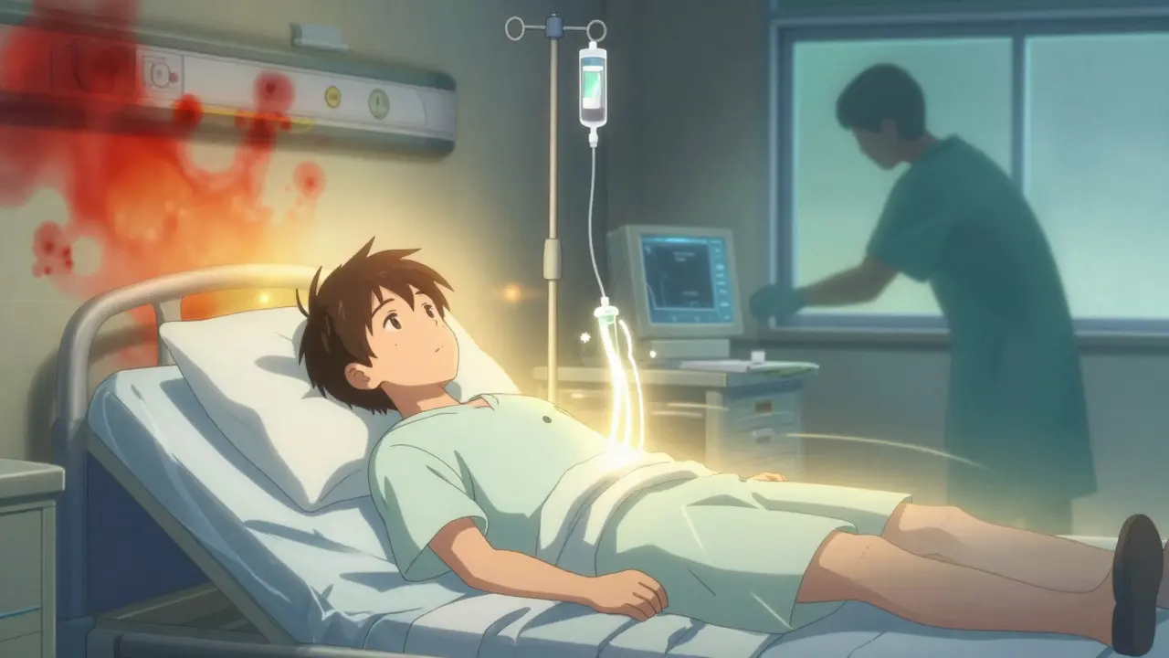 Scène d'anime montrant un patient recevant une thérapie lumineuse en hôpital